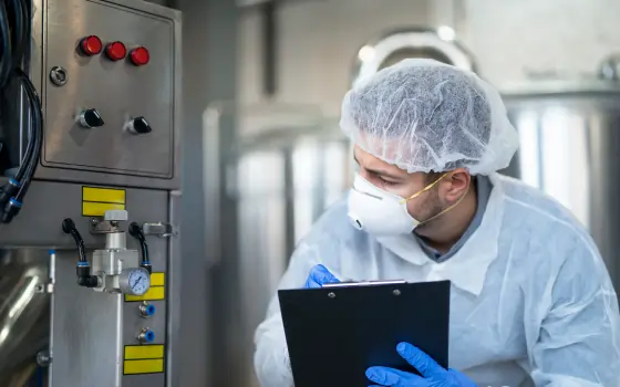Pharmaceutical production worker in protective gear inspecting machinery on the manufacturing line.