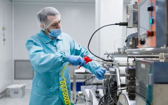 Pharmaceutical workers in protective equipment operating manufacturing machinery.