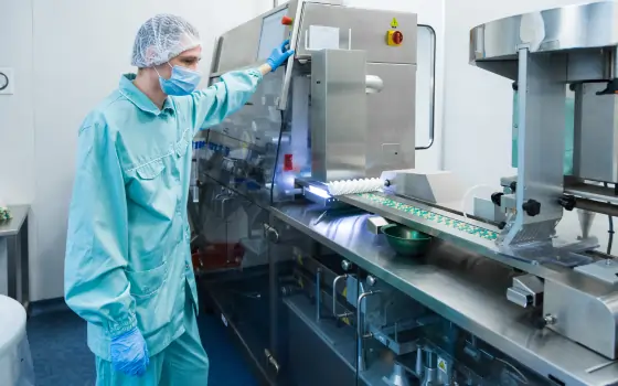 Pharma technician in protective gear monitoring equipment on a production line.