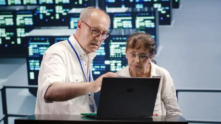 Senior IT professionals collaborating on a laptop in a control room with large digital screens, focusing on systems engineering.