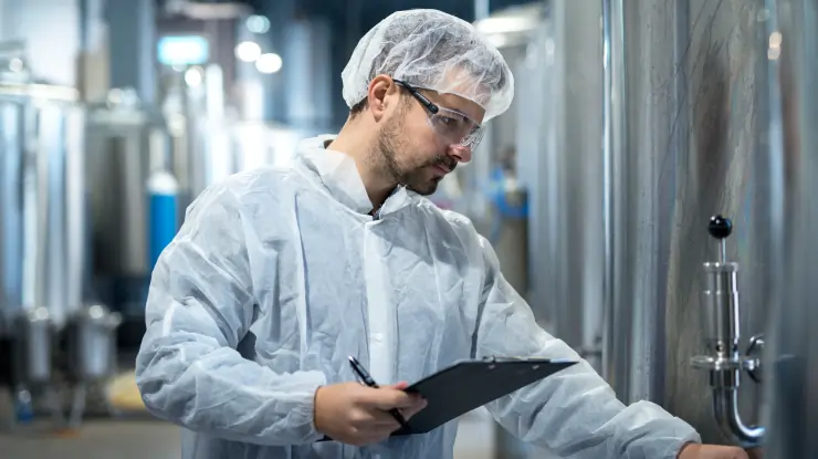 Quality control technician in a cleanroom suit and goggles inspecting pharmaceutical manufacturing equipment with a clipboard.