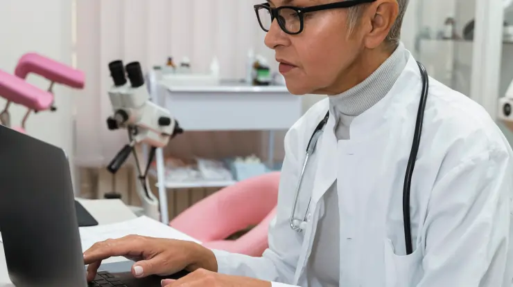 Experienced female medical professional or doctor working on a laptop in a clinic or specialized medical office.