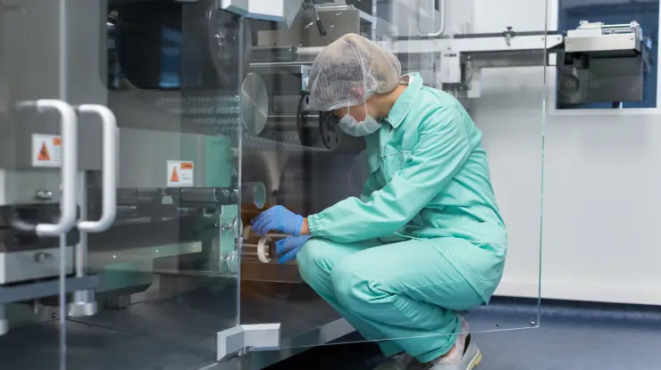 Female cleanroom worker in a green uniform and mask inspecting manufacturing machinery on a production line.