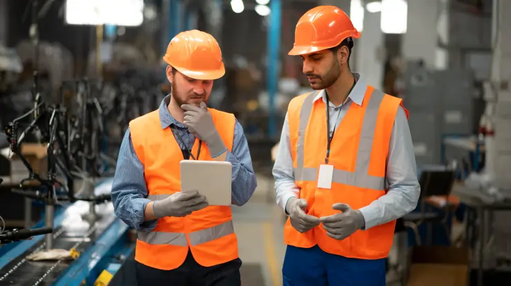 Two manufacturing workers in orange safety vests and hard hats discussing data on a digital tablet in a factory.
