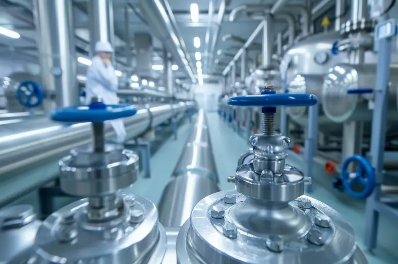 Close up of pharmaceutical production machine readings on a chemical plant floor.