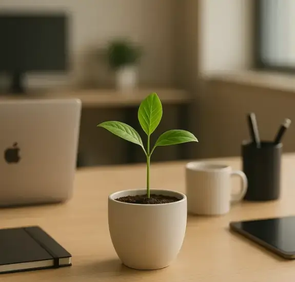 Plant seedling on a desk with a blurred office background, symbolizing growth and evolution.