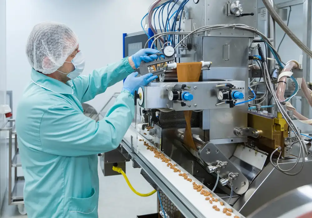 Pharma technician operating automated production equipment inside a manufacturing facility.