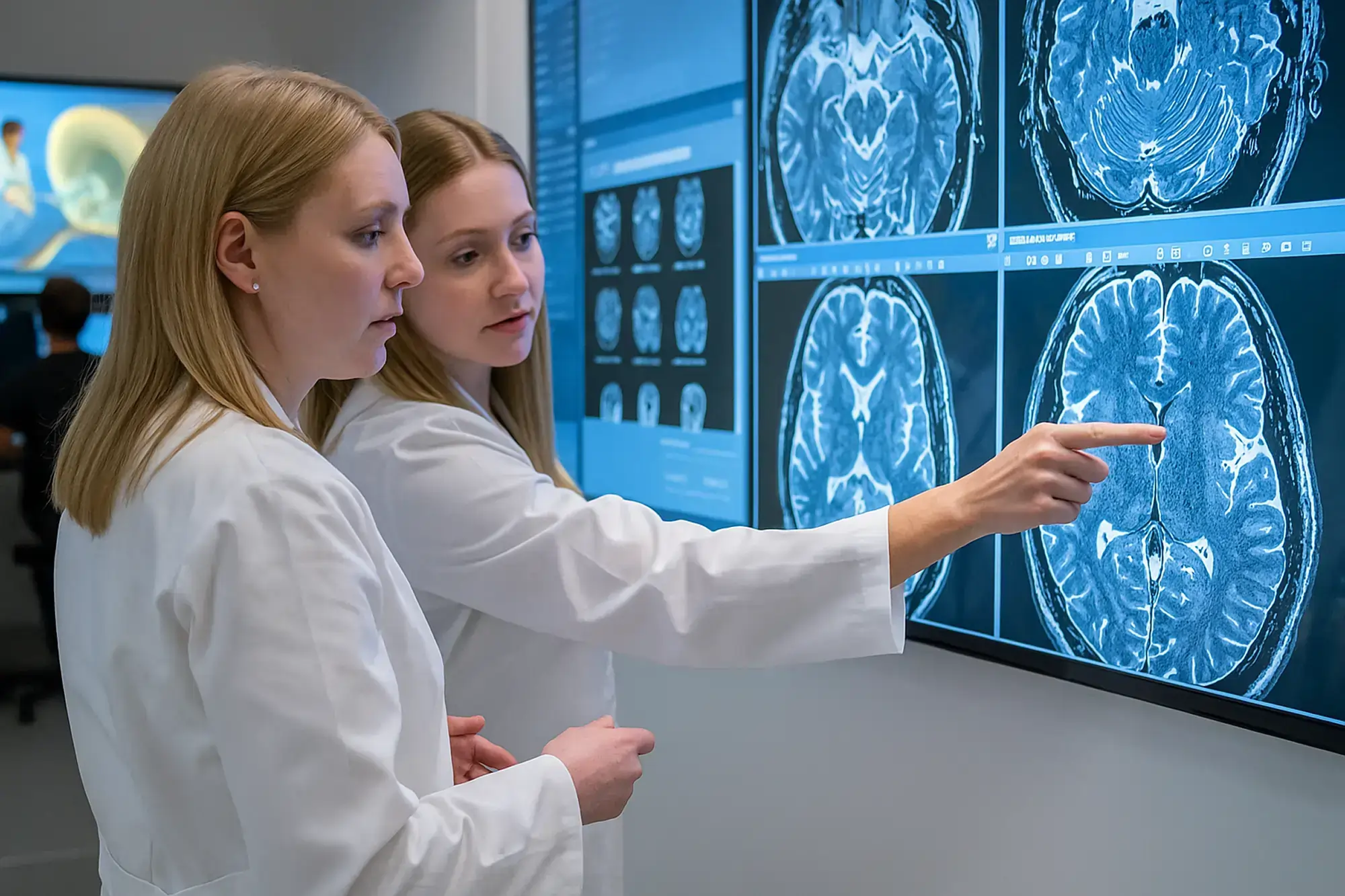 Two female radiologists reviewing digital MRI reports on a screen in a medical imaging department