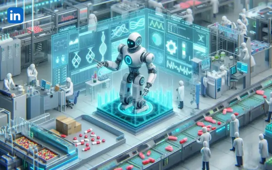 Preview image of a futuristic medical lab with robots and holographic health interfaces, representing AI transformation in healthcare