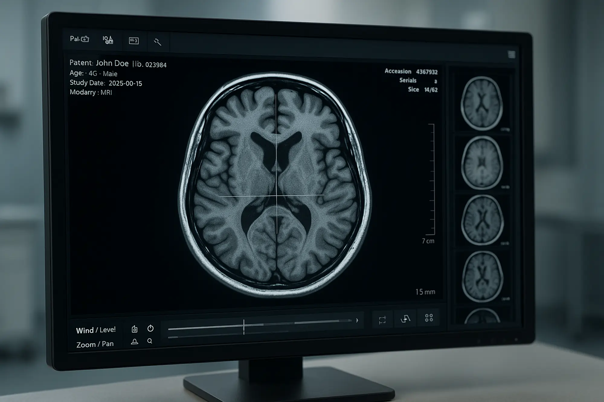 Close up of a computer screen displaying a digital MRI brain scan report on the ViewDNA DICOM viewer, showing detailed imaging and diagnostic measurements.